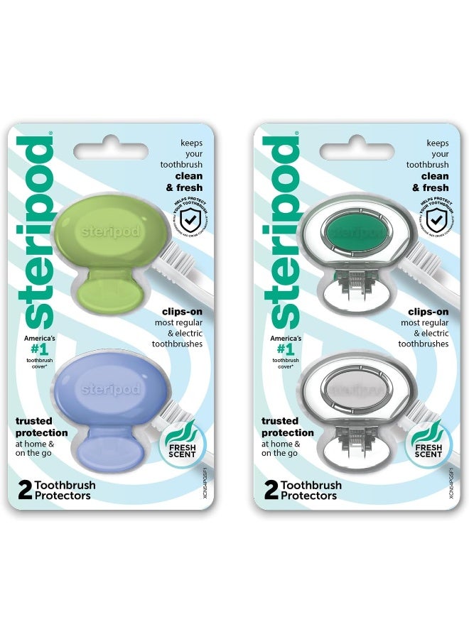 Steripod Clip-On Toothbrush Protector, Blue, Green, Red, Orange, 4 Count - Image 1